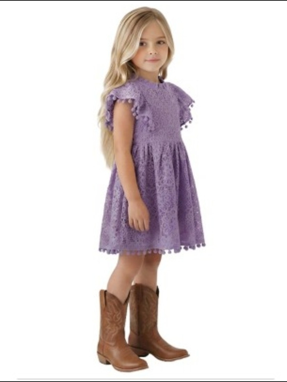 2bunnies Girls' Mauve Lace Dress with Pom Trim Size 6T